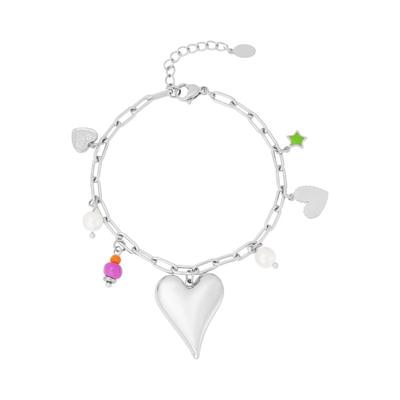 Charm-Armband ADELIA´S "Armband Charmarmband mit Herzanhänger, Stern und bunten Akzenten", silber (silberfarben), Armbänder, Damen, yehwang_16, Stahl, Charm-Armband, trendig mit großem Herzanhänger
