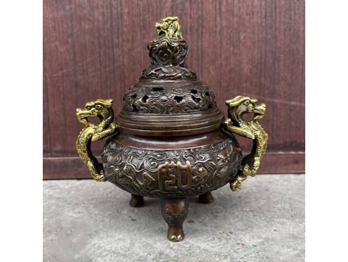 Brûleur d'encens en cuivre, statue de dragon bouddhiste chinois
