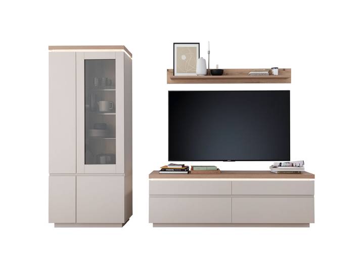 Wohnwand Beige-Kaschmir - Eiche 278 cm - Beleuchtung - REMOLINO
