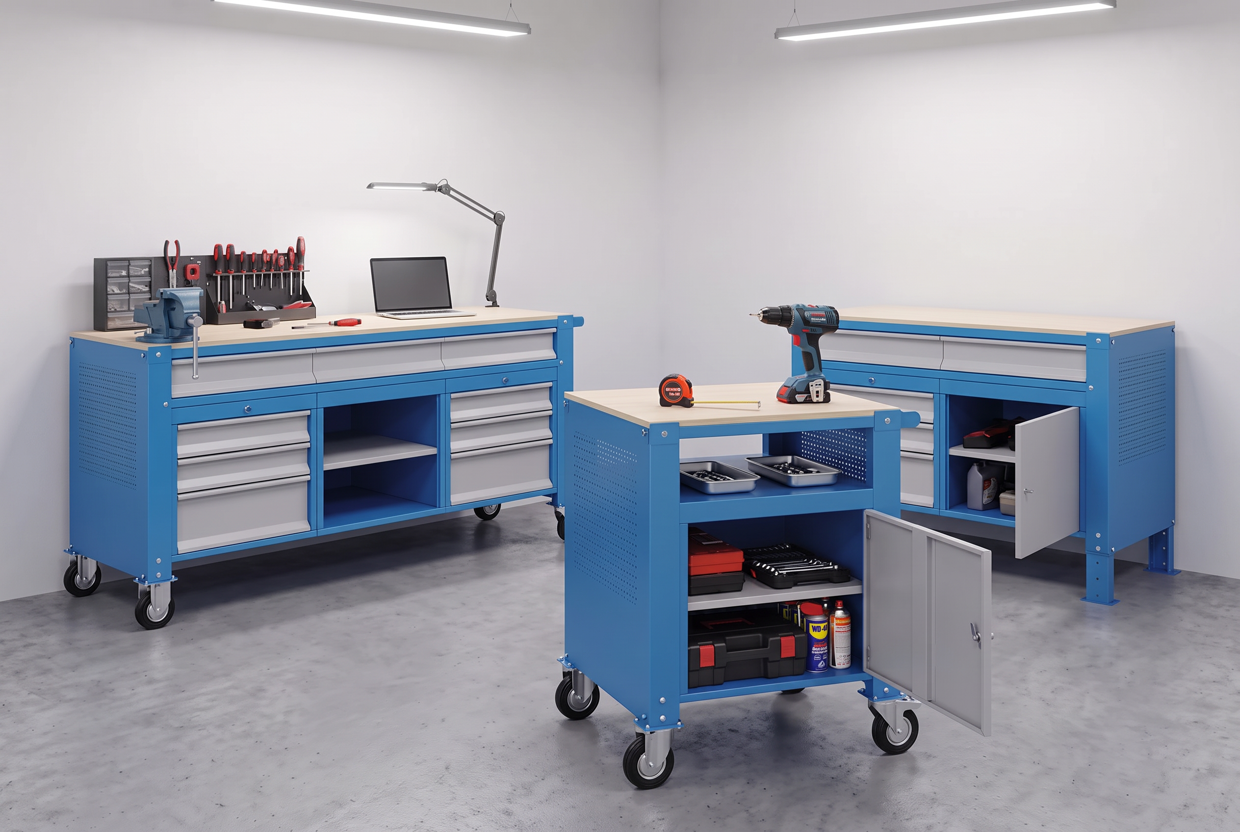 B2B Partner Pojízdný dílenský stůl G9, 1 police, 1 skříňka, 6 zásuvek, 1690 x 595 x 865-1130 mm, šedá/modrá