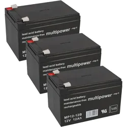 3x Multipower MP12-12B AGM Bleiakku 12V 12Ah – 36V 12Ah Akku-Satz