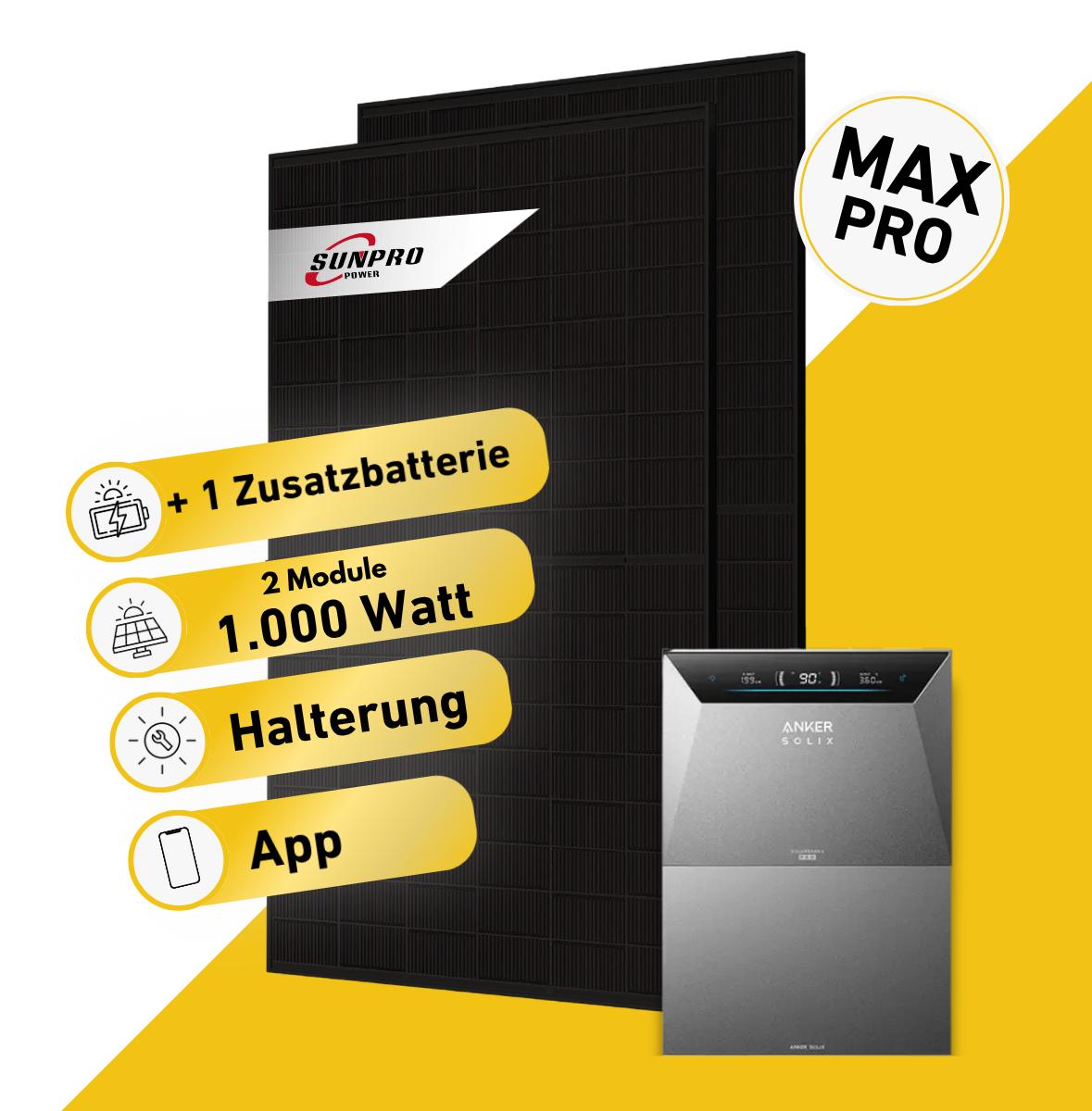 Balkonstrom Balkonkraftwerk 1000W mit Speicher | 1xZusatzspeicher | Fassadenhalterung 90 Grad | 2xSolarmodul Bifazial | Anker Solix 4 Pro |Kabel 15m