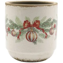 Chic Antique Übertopf mit Weihnachtskugel und Schleife aus Steingut, H 13,5 cm x Ø 13 cm - Creme