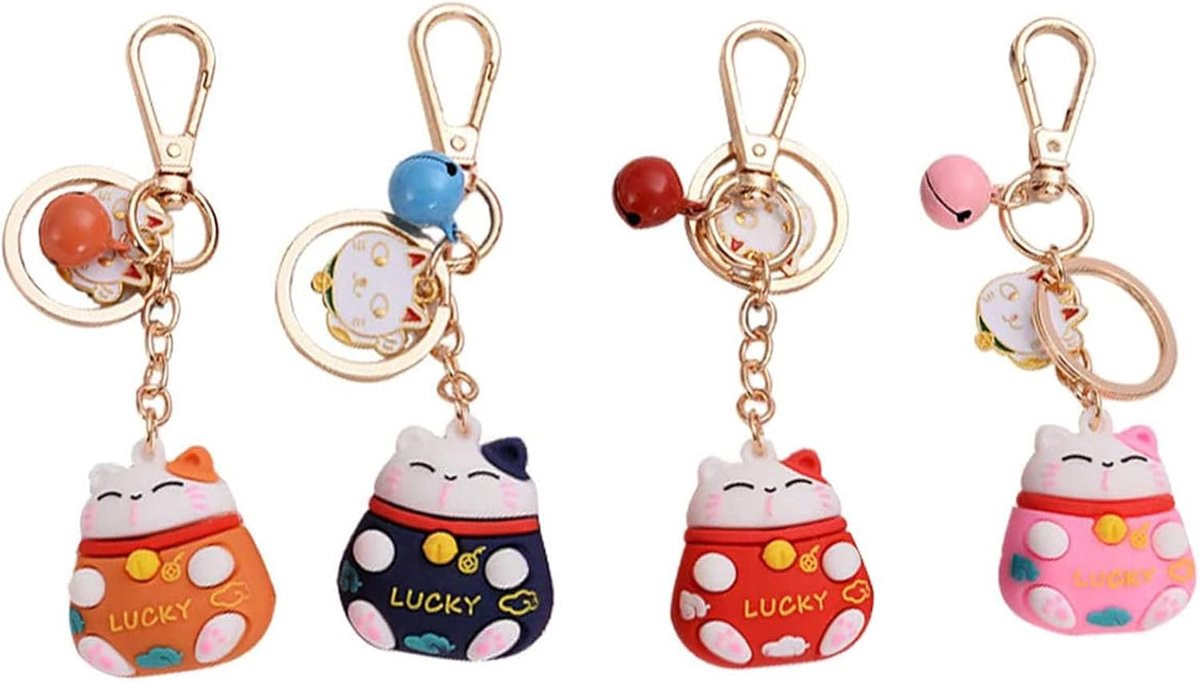 Set van 4 Maneki Neko Gelukskat Sleutelhangers - Fengshui Decoratie - ShopVlot