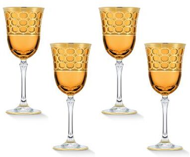 Lorren Home Trends Amber Color White Wine Goblet with Gold Rings, Set of 4