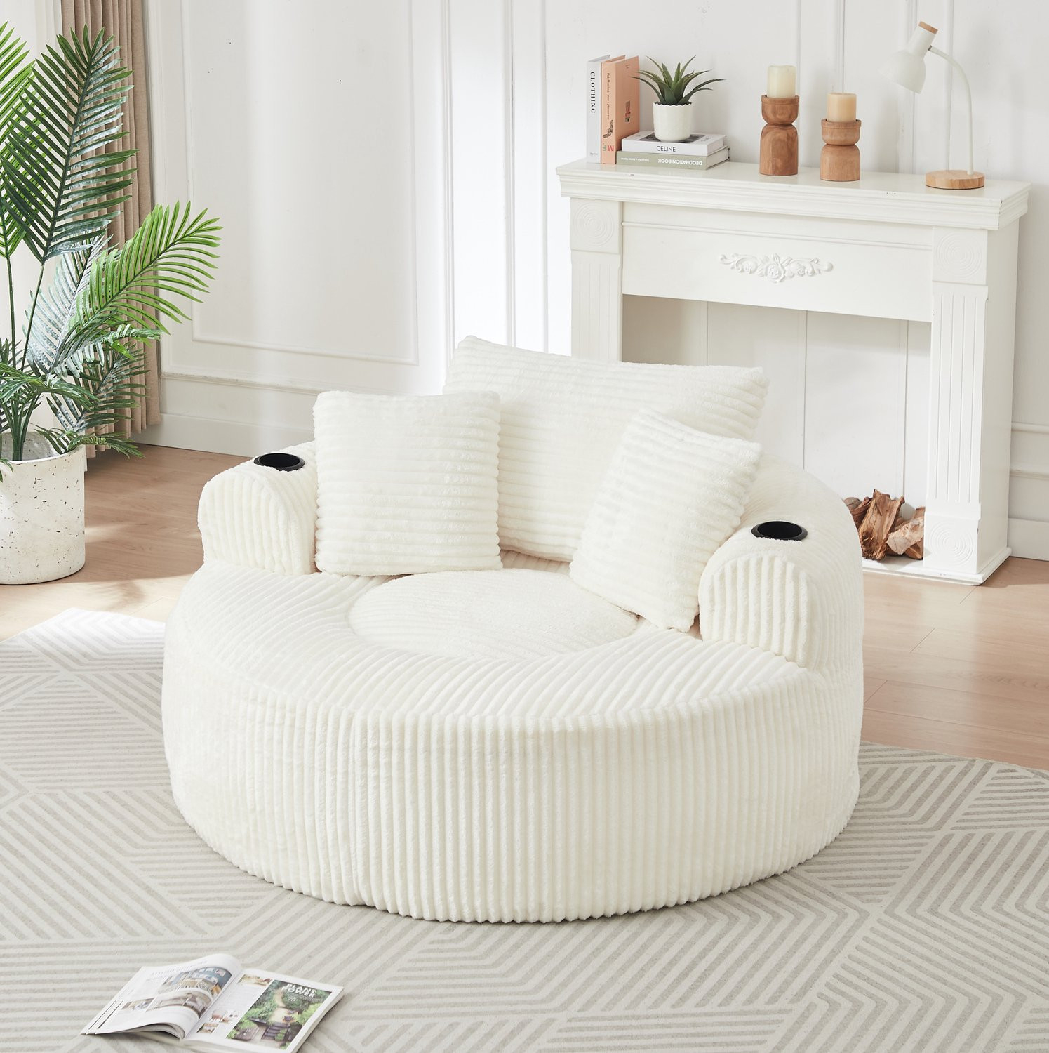 Wishdor Ronde loungefauteuil met ribfluwelen bekleding en bekerhouders - Beige