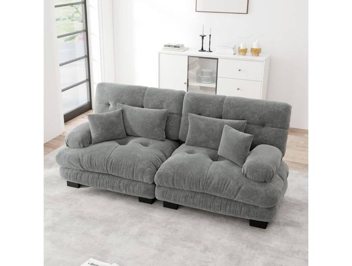 canapé d angle 2 places SENVIRO chenille vintage assise profonde avec 4 coussins gris