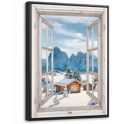 LEINWAND Bilder mit Rahmen - Winterlandschaft - Hütte - Berge - Ausblicke - Aussicht - Natur - 30x40
