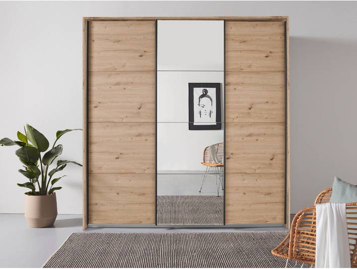Schwebetürenschrank, Holzwerkstoff, Braun Eiche Artisan, 211×214×68 cm, Mit Mittelspiegel, Raucher