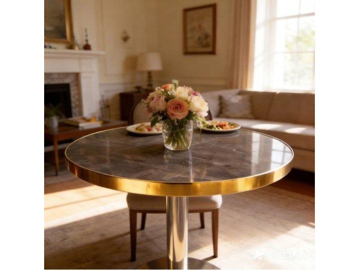 Table basse d'appoint ronde de salon grise effet marbre avec structure dorée