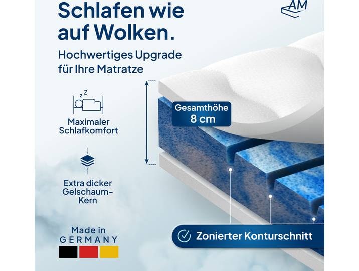 AM Qualitätsmatratzen 7-Zonen Deluxe Gelschaum-Topper 120x200 cm 8 cm Höhe Matratzentopper 120/200 Gel Topper 7 Zonen