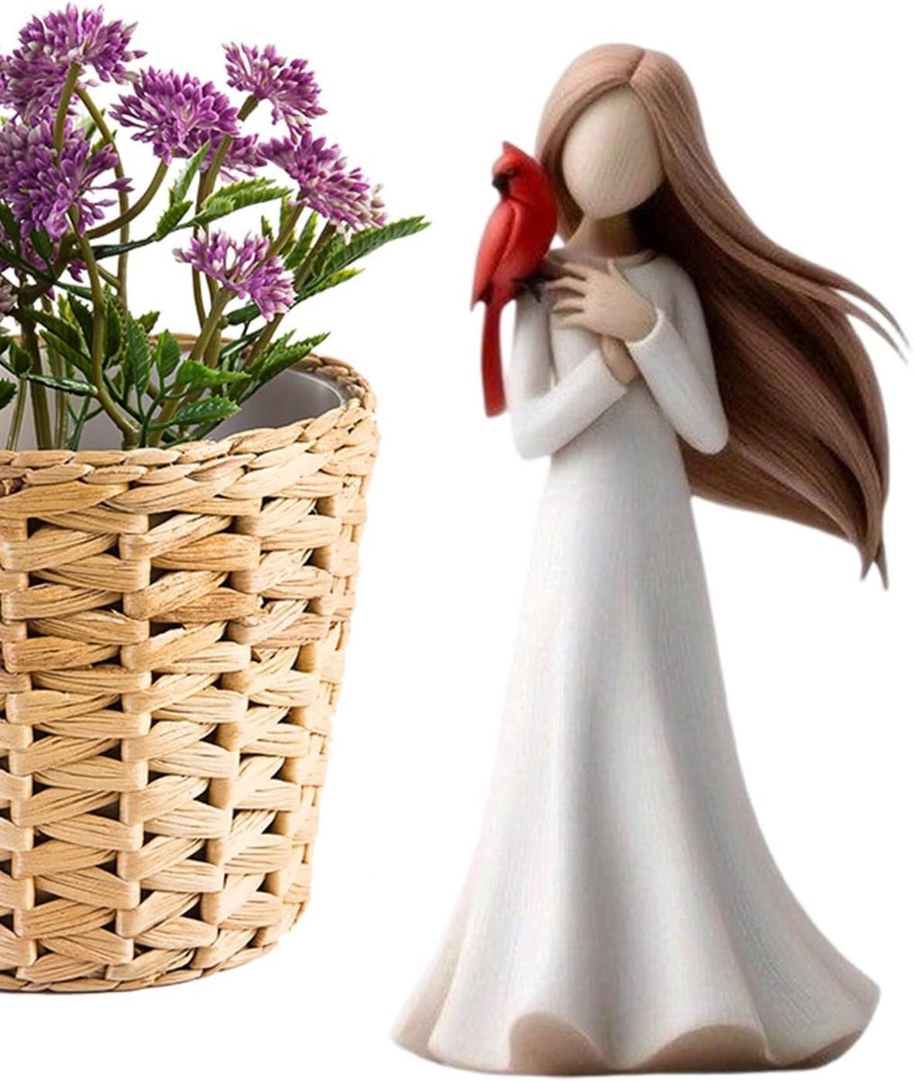 Engelfiguur met vogel herdenkingsbeeldje voor decoratie, Hoogte: 18 cm