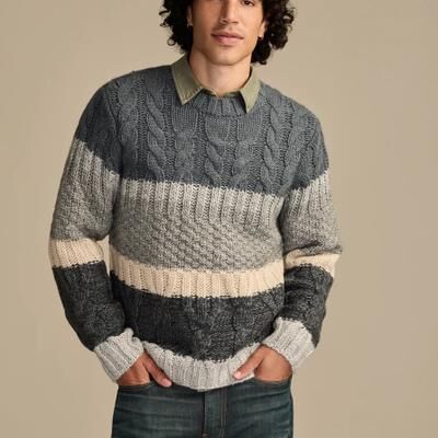 Lucky Brand Cable Stripe Crew Neck - Men's Clothing Tops Crewneck T-Shirt in Turbulence, Size 2XL