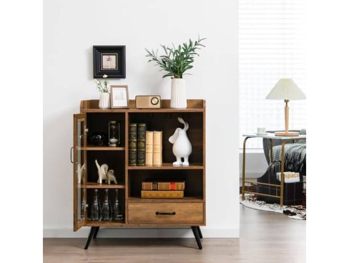 Helloshop26 Anrichte Küche mit Glastür und Schublade, 80 x 40 x 95 cm, hervorragende Aufbewahrung, modernes Design, MDF, natur, 20_0019403