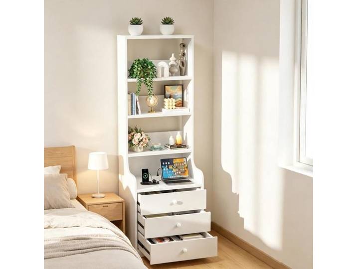 PIPIPOXER Table de Chevet Haute Blanche Multifonction avec Prise et USB 3 Tiroirs Étagères Ouvertes Table Nuit pour Chambre Bureau