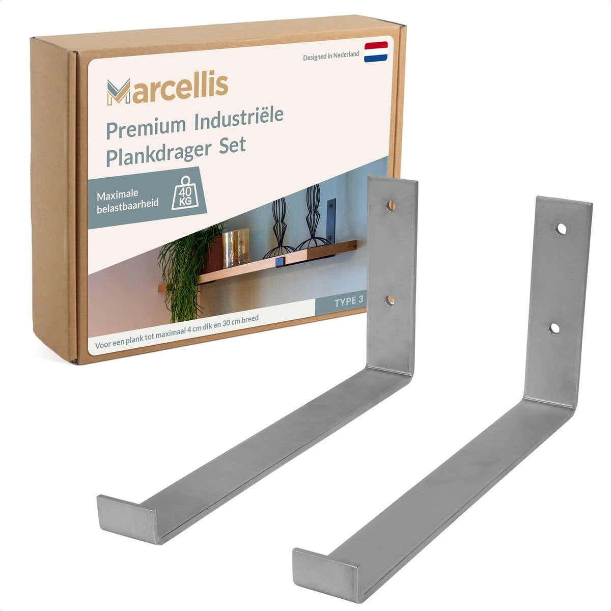 Marcellis 2x Industriële plankdrager XL voor plank 30cm met schroefset - Roestvrij staal - T4