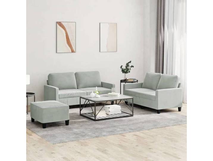 Canapé 3 Places Gris Clair Velours Salon Mobilier Confortable 220x85x90cm