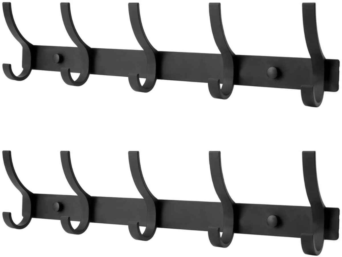 EXCITAT Wandkapstok met 5 zwarte haken, RVS, zwart, 2 stuks, Breedte: 31 cm