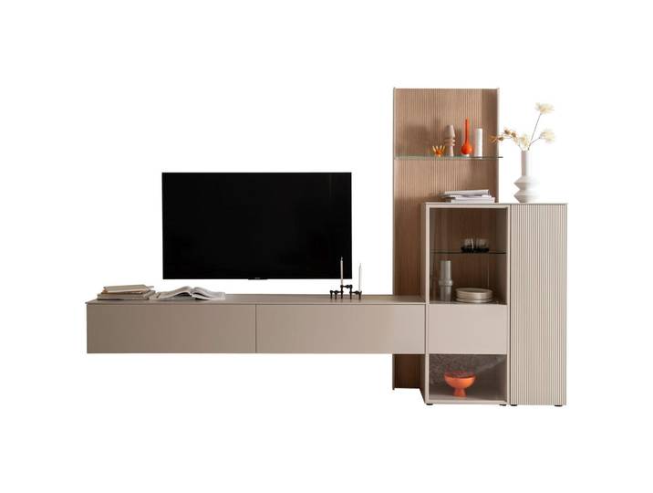 Schöner Wohnen Wohnwand, Eichefarben, Kaschmir, Holz, Metall, Glas, Holzwerkstoff, Eiche, furniert, 7 Fächer, 1 Schublade(n) Schubladen, 340x234x45 cm, Typenauswahl, individuell planbar, Beimöbel erhältlich, in verschiedenen Holzarten erhältlich, In verschiedenen Grössen erhältlich, in verschiedenen Holzdekoren erhältlich, Wohnzimmer, Wohnwand, Komplette Wohnwand