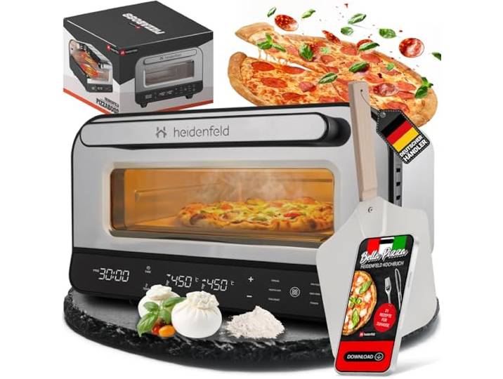 Heidenfeld Pizzaofen Pizzaboss 1850 Watt bis 450°C Komplettset Inkl. Pizzaschieber & Pizzastein Backofen Pizzaofen elektrisch Pizza Ofen Elektrischer Pizzaofen Pizza Maker