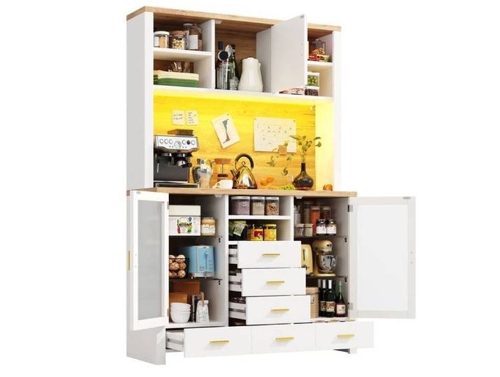 Armoire de Cuisine Armoire Haute Vitrine LED avec 6 Tiroirs 4 Portes Rangement Intelligent armoire de buffet 120x40x188cm blanc