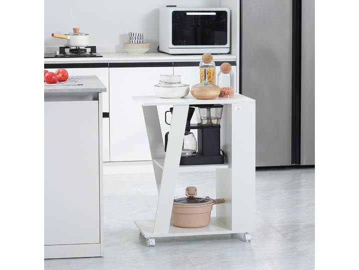 HOMCOM Chariot Cuisine Bois Blanc avec Roues et 2 Étagères