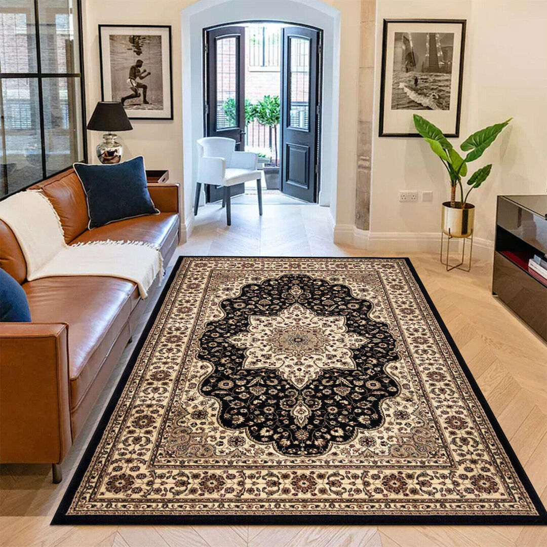 Latitude Vive Arrianna Traditional Carpet Living Room Rug Kitchen Mat Floral Flatweave Black Rug Rectangle 80 x 150cm