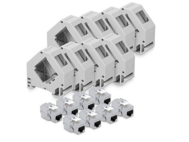 kwmobile 8 keystone adapters voor CAT6A kabels - Set van 8 keystone-modules RJ45 inclusief DIN-rail houders - Met afgeschermde metalen behuizing