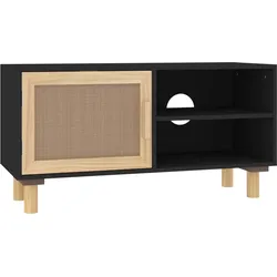 vidaXL TV-Schrank Schwarz 80x30x40 cm Massivholz Kiefer Natur-Rattan
