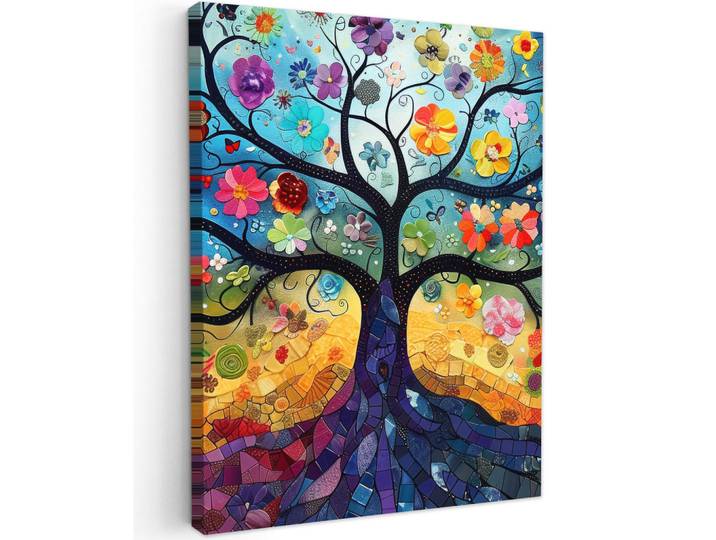 MuchoWow Leinwandbild - Kunst - Baum des Lebens - Blumen - Hippie - 60x80 - Gemälde, Dunkelblau, Textil, Kiefer, Abstrakt, Rechteckig, 60x80 cm, gerahmt, Bilder & Rahmen, Bilder, Wandbilder