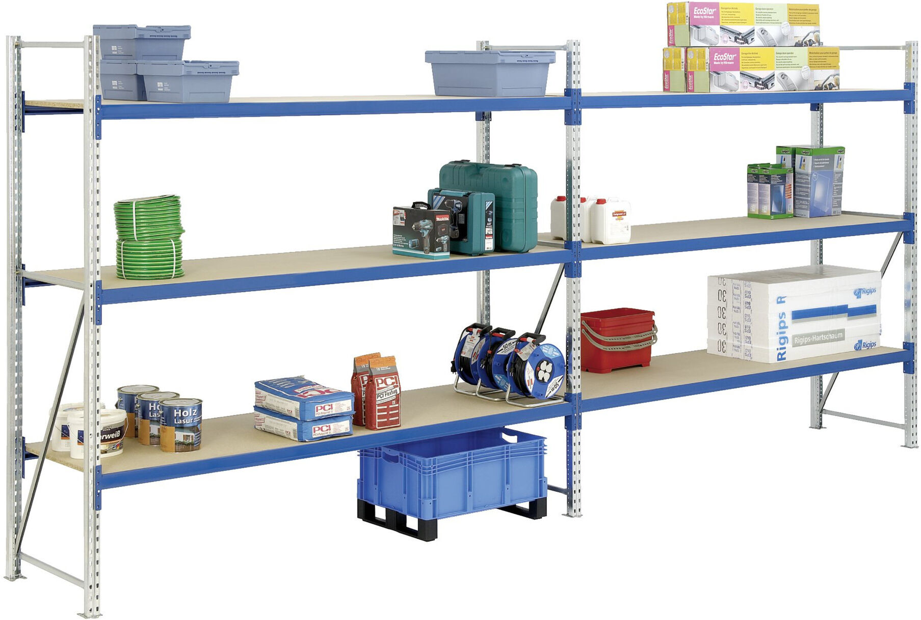 Bito Weitspannregal Set / F2 Grundfeld 3 Ebenen H2000xT800xB1350 mm, Spanplatte enzianblau (25757)