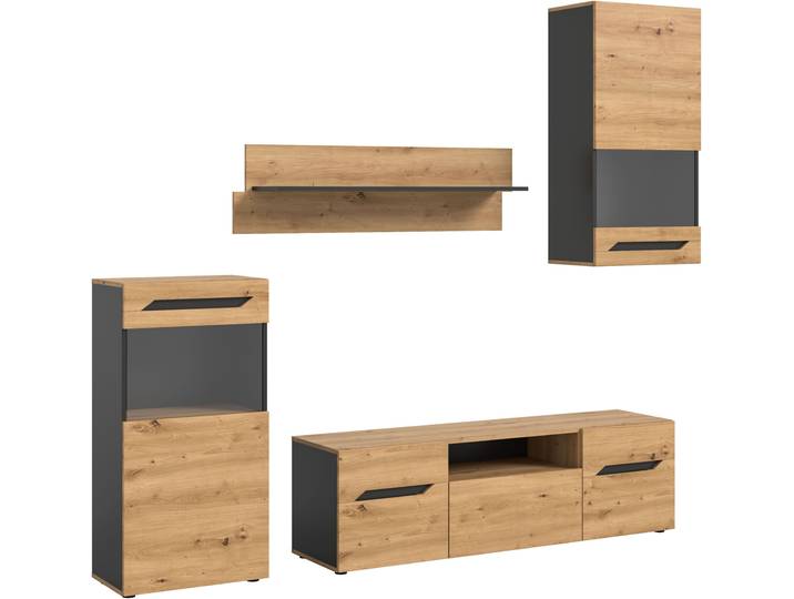 Wohnwand HOME AFFAIRE SERTA, 4-teilig, best. aus: 2x Vitrine, 1x Lowboad & 1x Wandboard , braun (basalt grau, artisan eiche nachbildung), B:254cm H:196cm T:40cm, Holzwerkstoff, Kastenmöbel-Sets, Wohnwand, Anbauwand, Set, Möbelset, TV-Wand, Wohnzimmerset, Schrankwand