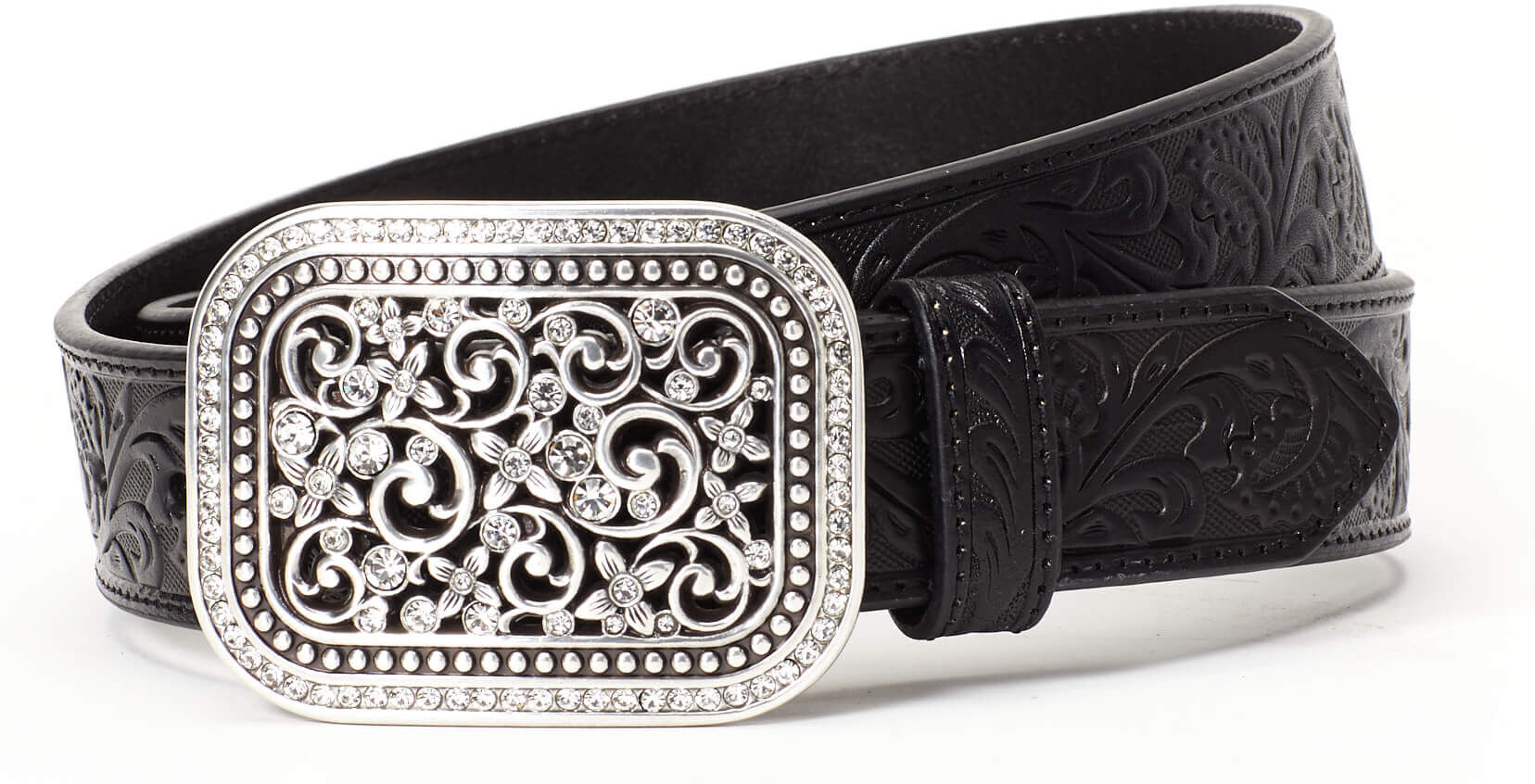 Women's Floral Emboss Buckle Belt in Black, Size: Medium by Ariat