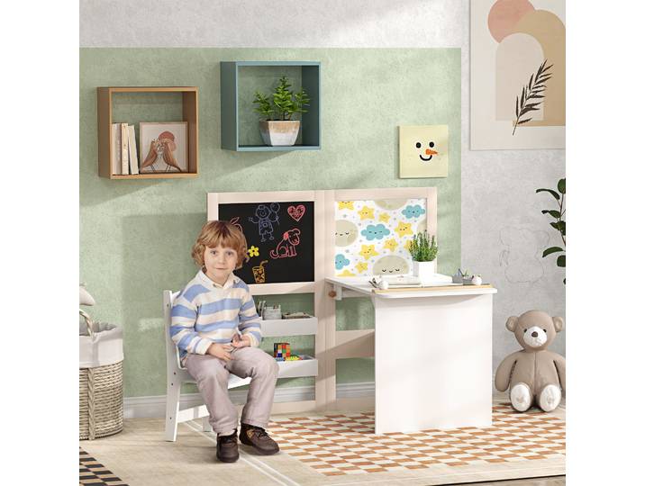 AIYAPLAY Table Enfant 3 en 1 avec Chaise et Rangement Blanc