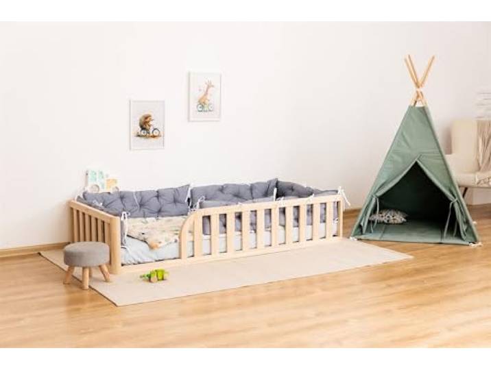 Mandrele - Montessori Bodenbett mit Lattenrost und Rausfallschutz, Kinderbett aus Kiefernholz für Jungen und Mädchen, 80x160 cm, Natur