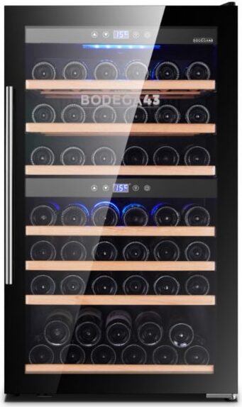 Geräumiger Weinlagerschrank BODEGA43-66 - 2 Temperaturzonen - 66 Flaschen - Vollglas-Designtür mit Edelstahlgriff - 195 Liter - Geräuscharm (41 dB)