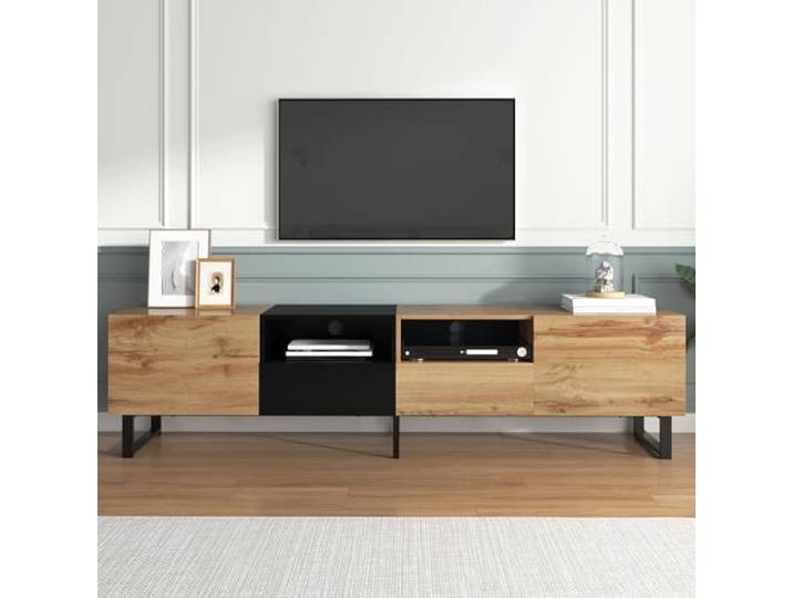 Modernes TV Lowboard Schwarz & Holz 190cm Fernsehschrank mit 2 Türen & 2 Schubladen, TV Kommode mit PVC-Kanten für ordentliches Wohnzimmer,Naturholz,F