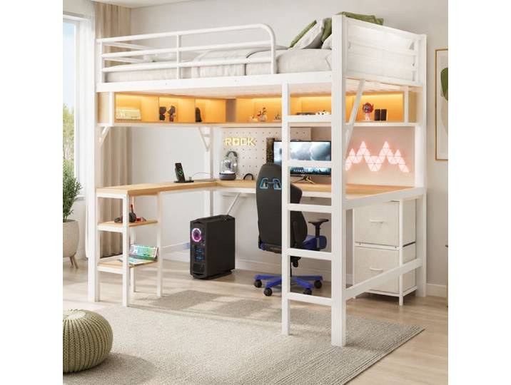 Lit Mezzanine en Métal pour Jeux 140 x 200 cm avec Bibliothèque Bureau Armoire Port USB et Éclairage LED Blanc
