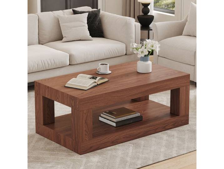 LUSCRIATE - Table basse 2 niveaux avec étagère ouverte Table salon MDF rangement pratique robuste Design moderne - Noyer