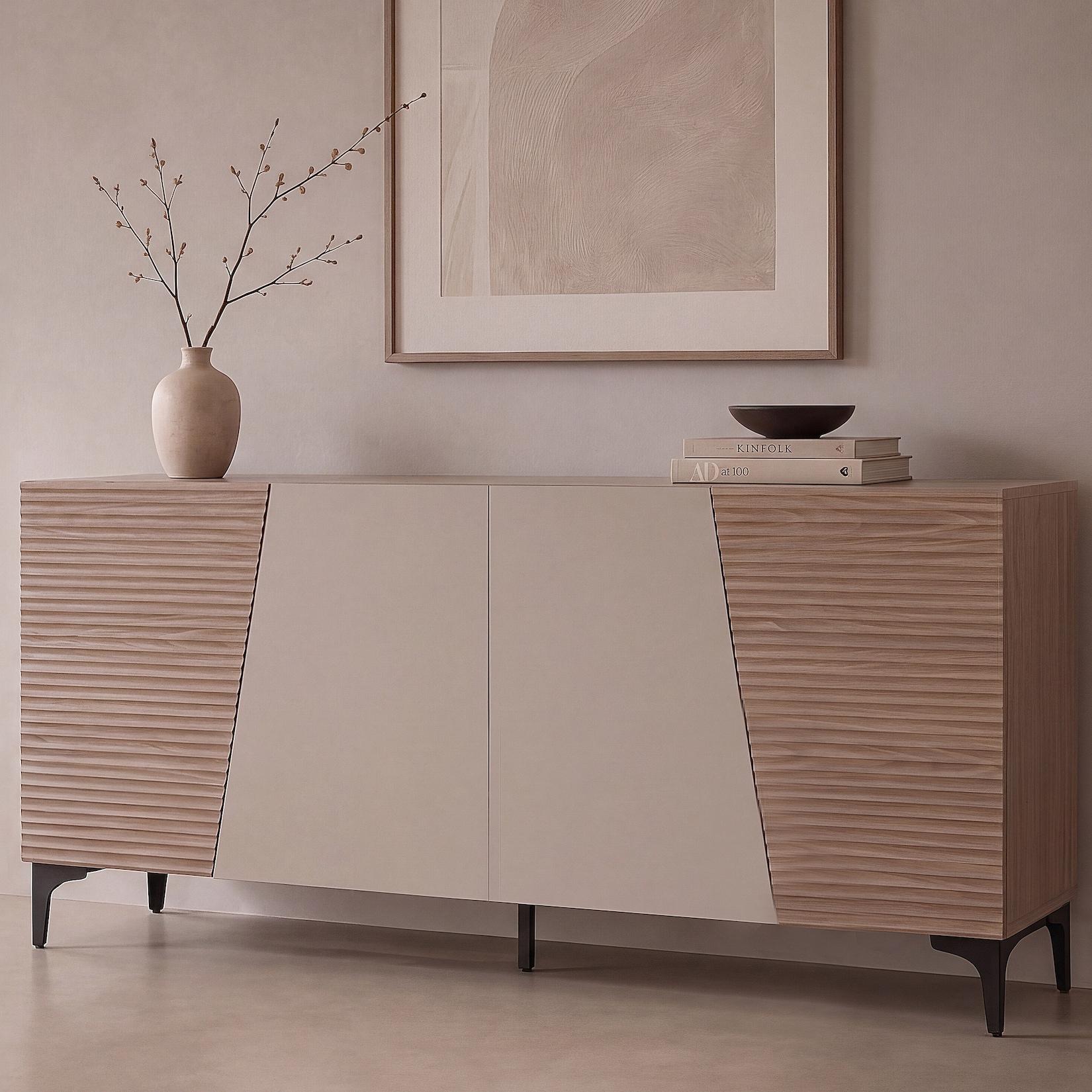 Sideboard MCW-Q83, Kommode Schrank Türen 3D-Struktur Staufächer MDF Melamin 80x160x42cm ~ Nussbaum-Optik hell