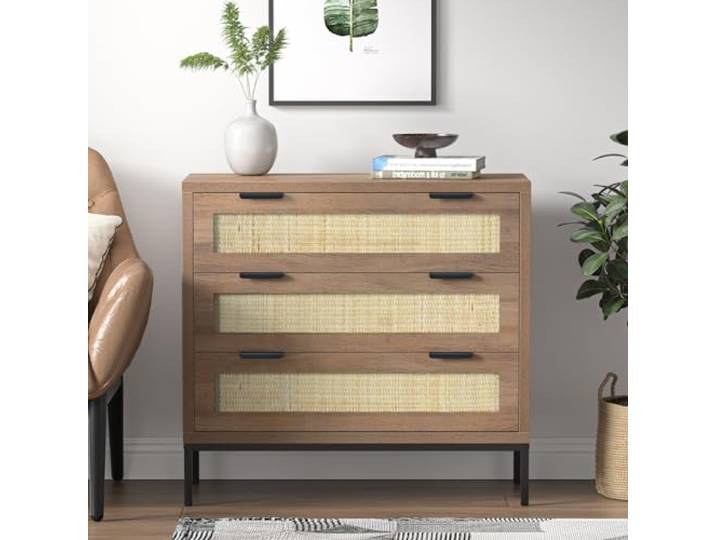 Yvsevnr Rattan-Kommode für Schlafzimmer, Schubladen für Kleidung, Kippschutz, Holzschrank, Kommoden, großer Nachttisch, Nachttisch, Aufbewahrungsschrank mit Metallbeinen für Wohnzimmer, Flur