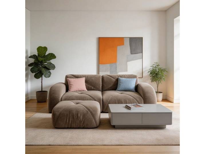 Canapés - Canapé modulaire 2 places + 2 poufs - Chenille marron - Mousse haute densité 32D - Modulable sans armature