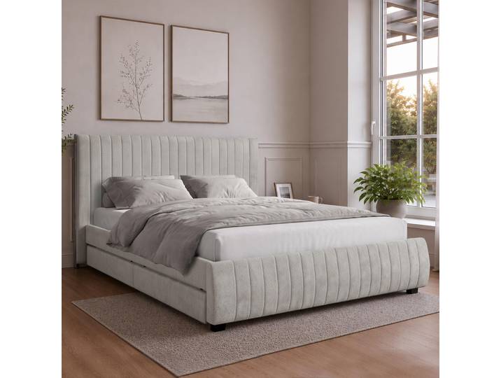 Beautysofa Polsterbett 160x200 cm CALMA Doppelbett mit 2 Schubladen, Matratze H3/H2 & Lattenrost, Beige Raven Chenille-Stoff, Chromdetails