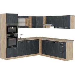 Vicco Eckküche R-Line 247x237 cm Schwarz Beton Eiche mit Arbeitsplatte Weiß-Marmor