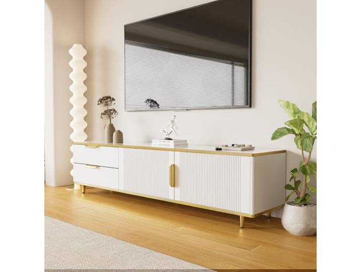 OLIVIBED TV Schrank mit Türen, Fernsehtisch mit 2 Schubladen, TV Kommode mit Goldenen Griffen und Füßen, TV-Lowboard für 70-79-Zoll-Fernseher, Fernsehschrank für Wohnzimmer, 175x40x45 cm, Weiß