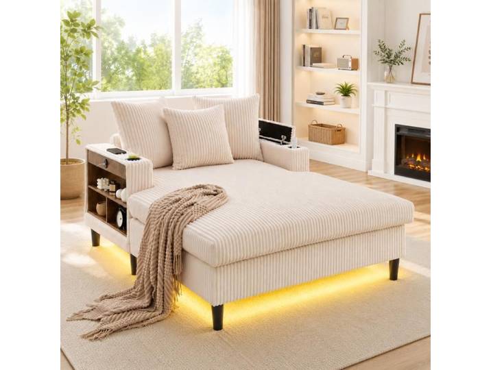 Logidon Premium Chaise Longue Cord Lounge avec LED et porte-gobelets