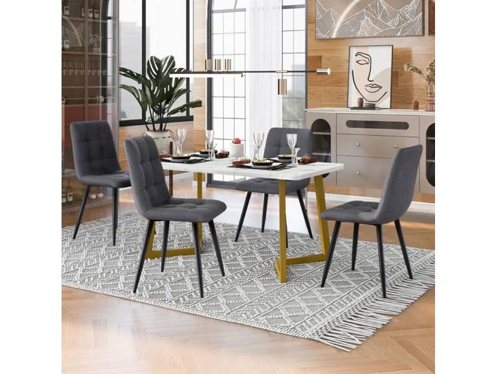 MEULVA Ensemble table à manger 117 cm avec 4 chaises table rectangulaire effet marbre MDF gris pieds dorés