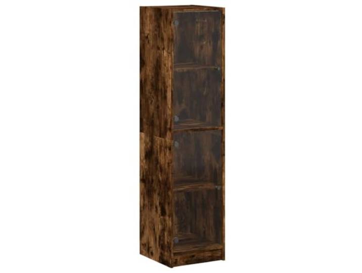 GHVBNMF Highboard Schrank mit Glastüren Räuchereiche 35x37x142 cm Schmaler Beistellschrank fürs Wohnzimmer mit 4 Fächern, klaren Glastüren und stabiler Konstruktion aus Holzwerkstoff.
