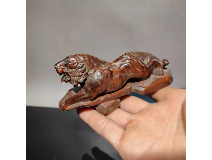 Statue de tigre sculptée en bois chinois vintage, décoration de bureau, salle de maison, bois sculpté
