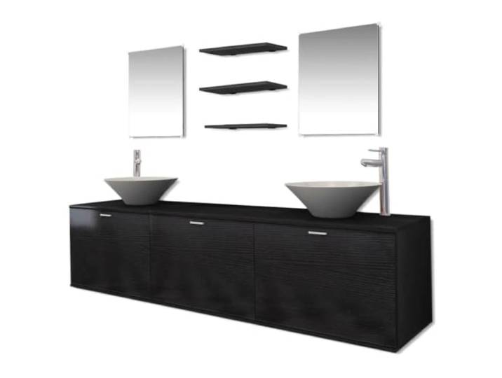 Badezimmer-Set, 10-teilig, mit Wandschrank, 2 Spiegel, 3 Hochwertige Spanplatten, kratzfeste Keramik, massives Messing, Zinkgriff